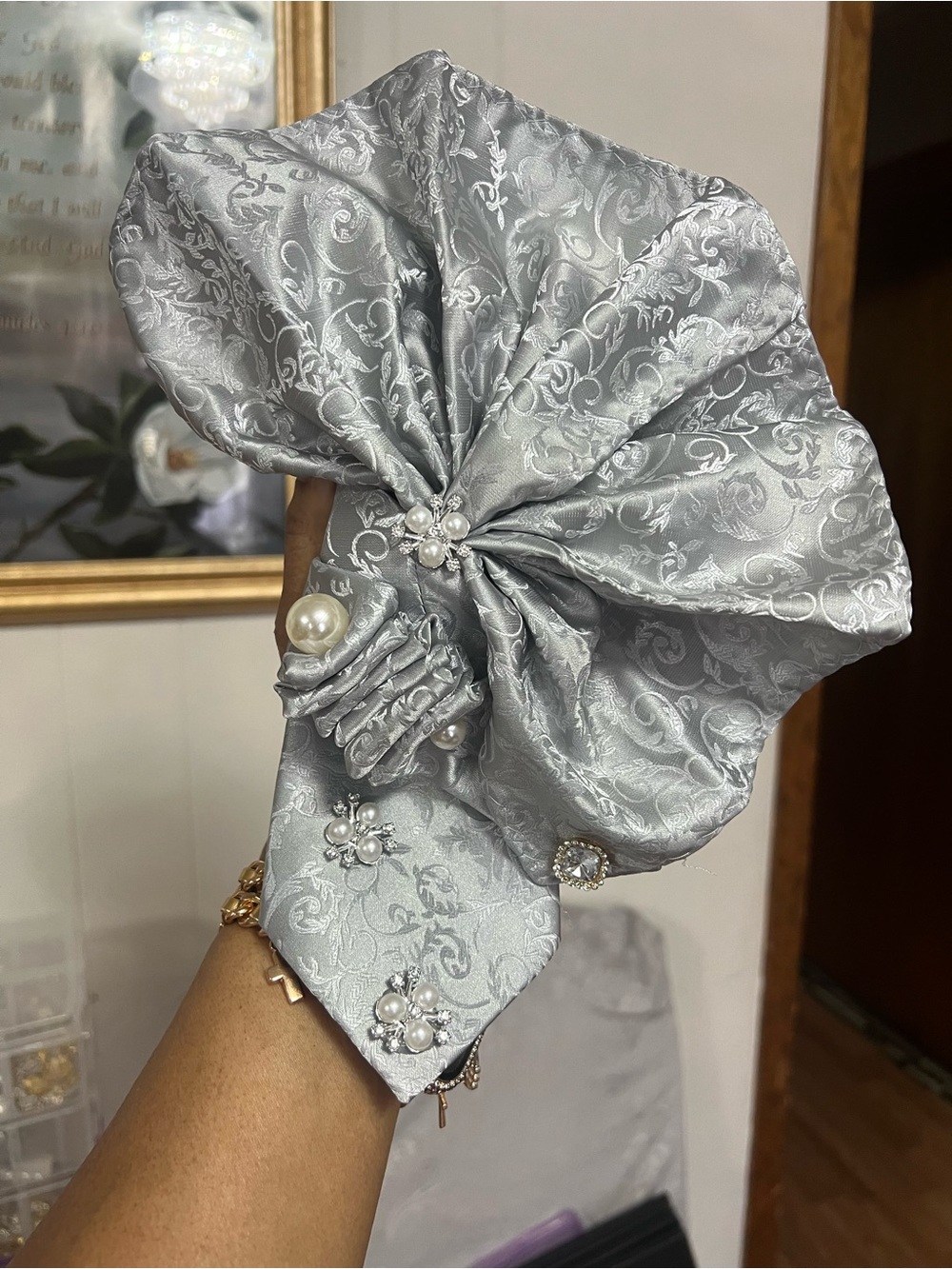 Silver Decorative Tie with Pearl & Crystal Accents